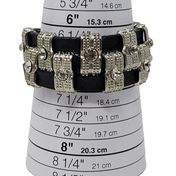 Steampunk‎ Wide Black Leather Bracelet Checker Studded Rhinestone Streetwear - Picture 2 of 8